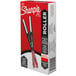 A box of 12 Sharpie roller ball pens with red ink and black barrels.