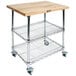 A John Boos & Co. Metropolitan utility cart with wood shelves and metal legs.