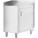 A Regency stainless steel corner work table with a hinged door on the corner cabinet.