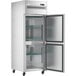 An Avantco stainless steel reach-in refrigerator with two doors open.