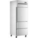 a silver refrigerator with a white background