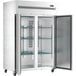 An Avantco VersaHub reach-in freezer with solid doors on wheels.