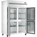 An Avantco stainless steel reach-in freezer with two solid half doors open.