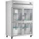 An Avantco stainless steel reach-in refrigerator with glass doors.