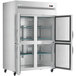 An Avantco stainless steel reach-in refrigerator with glass half doors.