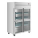An Avantco glass door reach-in refrigerator on wheels with two shelves.