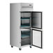 An Avantco stainless steel reach-in refrigerator with two glass half doors.