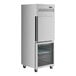 An Avantco stainless steel reach-in refrigerator with glass half doors on wheels.