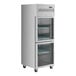 A stainless steel reach-in refrigerator with two right-hinged glass half doors and interior shelving.
