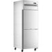 An Avantco stainless steel reach-in refrigerator with a right-hinged solid half door open.