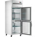 An Avantco stainless steel refrigerator with glass doors on a white background.