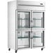 An Avantco VersaHub reach-in refrigerator with glass half doors on wheels.