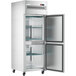 A stainless steel Avantco reach-in freezer with two half doors open.