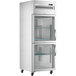 An Avantco stainless steel reach-in refrigerator with glass doors.