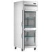 An Avantco stainless steel reach-in refrigerator with glass doors and shelves.