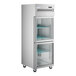 A stainless steel reach-in refrigerator with two left-hinged glass half doors and interior shelving.