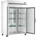 An Avantco stainless steel reach-in refrigerator with glass doors.