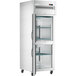 An Avantco stainless steel reach-in refrigerator with glass doors and shelves on a white background.