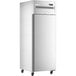 An Avantco stainless steel reach-in refrigerator on wheels.