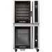 A large black Moffat Turbofan convection oven with the door open.