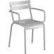 A silver powder-coated aluminum arm chair with white slats.