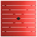 A red square Lancaster Table & Seating outdoor table with a black umbrella hole.