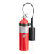 A red Buckeye fire extinguisher with a black hose.