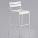 A white bar stool with a metal frame and a backrest.