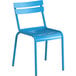 A blue powder-coated metal Lancaster Table & Seating dining chair.