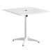 A white table with a metal leg and a hole in the center.