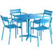 A blue powder-coated aluminum table with four chairs surrounding it.