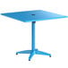 A blue square Lancaster Table & Seating outdoor table with a black umbrella hole.