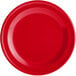 A close-up of a red Acopa Foundations narrow rim melamine plate.