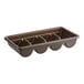 A brown plastic cutlery box with four compartments.