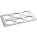 A silver stainless steel adapter plate with 6 holes for Vigor steam table insets.