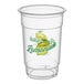A clear 16 oz. plastic cup with a lemon graphic and the words 'Ice Cold Lemonade' printed on it.