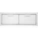 A stainless steel rectangular cabinet with two doors.