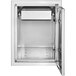 A silver metal built-in cabinet with a single drawer.
