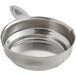 A silver metal bowl with a handle.