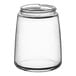 A clear glass Vollrath syrup server jar with a black lid.