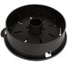 A black plastic circular object with holes and a white handle.