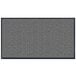 A grey rectangular carpet with black trim.