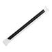 A black straw in a plastic wrap with a white strip.