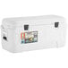 A white Igloo cooler with black handles and a lid with a label.