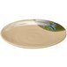 A beige melamine plate with a blue and green swirl design.