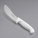 A Choice curved skinning knife with a white handle.