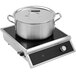 A Vollrath stainless steel pot with a lid on a Vollrath countertop induction range.