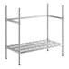 A chrome wire rack with two metal shelves on it.