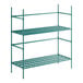 A green metal Regency keg rack with shelves.