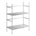 A chrome wire shelving unit with three shelves on it.